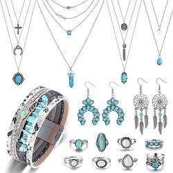 Milacolato 15Pcs Indianer Schmuckset für Damen Boho Layered Türkis Anhänger Halskette Kette Vintage Wrap Armband Armreif Ohrhänger Bohemian Knuckle Ringe Set Hippie Türkis Schmuck Set von Milacolato