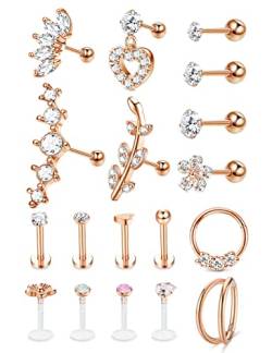 Milacolato 18 Stück Helix Labret Piercing Ohr Forward Tragus Knorpel Septum Creolen Für Frauen Labret Ball Back Ohrringe Nasenpiercing Ring Piercing Daith Tragus Helix Ohrringe RoséGold von Milacolato