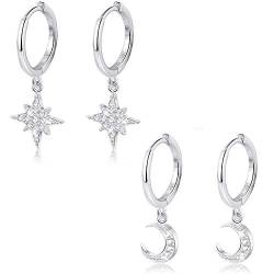 Milacolato 2 Paar 925 Sterling Silber Moon Star Dangle Hoop Ohrringe CZ Drop Huggie Knorpel Cute Ohrringe Set für Frauen Silber von Milacolato