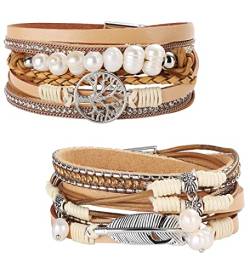 Milacolato 2 Stück Lederarmband Damen Boho Multilayer Baum Leder Armband Wrap Ledermanschettenarmbänder Grau Braun Schwarz Blau Magnetschnalle Armreifen Schmuck Geschenk Für Mutter Freunde von Milacolato