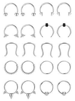 Milacolato 20Pcs 16G Nasenring Reifen Scharnier Septum Ringe Set Chirurgischer CZ Opal Knorpel Daith Reifen Ohrringe Helix Piercing Schmuck Nase Piercing Nasenringe Silber von Milacolato