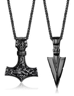 Milacolato 2Pcs Edelstahl Wikinger Halsketten Set| für Herren Mjolnir Anhänger Halskette für Herren Kette Thor Hammer Halskette Punk Wikinger Schmuck für Herren von Milacolato