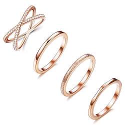 Milacolato 4 STÜCKE Edelstahl Stacking Hochzeit Band Ringe Frauen CZ Criss Cross Ring Mädchen Engagement Eternity Knuckle Mid Ring Set Silber/Rose Gold von Milacolato