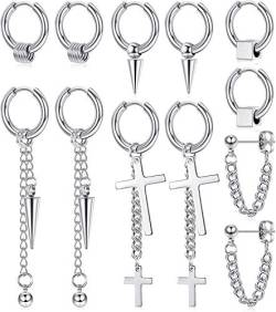 Milacolato 6Pairs 316L Edelstahl Ohrringe Set Herren Damen Creolen Hängende Ohrringe mit kette Punk Gothic Kreuz Kpop Ohrringe Unisex Silber von Milacolato