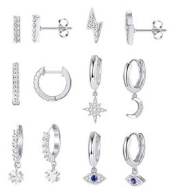 Milacolato 6Pairs Edelstahl Creolen Ohrringe Hängend Set Damen Mini Bar Ohrstecker Set CZ Creolen Mit Mond Stern Anhänger Knorpel Niedlicher Schmuck Kleine Huggie Creolen für Frauen Geschenk von Milacolato