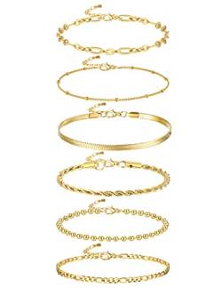 Milacolato 6Pcs Armband Damen Gold Kettenarmbänder Set Für Damen Verstellbare Mode VerGoldet Zierliche Edelstahl Twist Fischgrätenkette Kette Zirkonia Silber Schmuck Armbänder Damen Gold von Milacolato