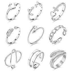 Milacolato 9cs Ringe für Damen,Verstellbare Ringe Set,Herz Feder Umarmung Schmetterling Blatt Ring Set,Offener Fingerring Ring Set für Frauen Mädchen Schmuck von Milacolato