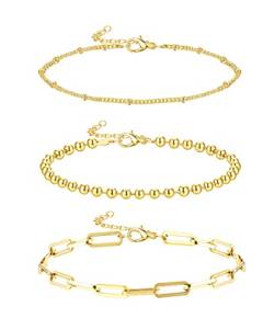 Milacolato Gold Fußkettchen Armbänder Für Frauen Damen 14 Karat Vergoldet Edelstahl FußkettchenTennis Perlen Kubanische Büroklammer Gliederkette Fußkettchen Set Verstellbar Boho Strand Fußschmuck 3St von Milacolato