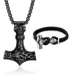 Milacolato Thors Hammer Halskette Wikinger Armband für Herren Schwarz/Silber Mj?lnir Anh?nger Edelstahl Thors Hammer Kette mit Leder Thors Hammer Armband Set Wikingerschmuck für Herren Schwarz von Milacolato