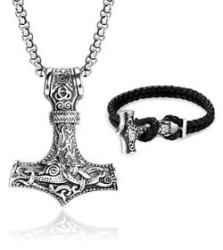 Milacolato Thors Hammer Halskette Wikinger Armband für Herren Schwarz/Silber Mjölnir Anhänger Edelstahl Thors Hammer Kette mit Leder Thors Hammer Armband Set Wikingerschmuck für Herren Silber von Milacolato