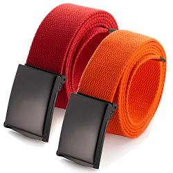 Mile High Life Passend zugeschnitten Leinwand Webgürtel Größe bis zu 1,32 m mit Flip-Top Feste Militärschnalle (2 Pack Orange/rot) von Mile High Life