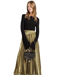 Milya Damen Lang A-Linie Plisseerock Maxi Faltenrock Blingbling L Gold von Milya