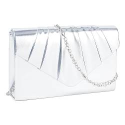 MilyaDE Damen Clutch Lackleder Abendtasche, Gefaltet Braut Handtasche Hochzeit Party Umhängetasche Schultertasche mit Kette, Silber von MilyaDE