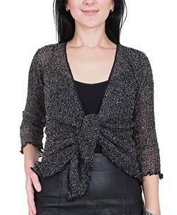 Mimosa Damen Bolero-Strickjacke, Übergröße, Stretch, Spitze, Fischnetz, Bali-Krawatte an der Taille Gr. One size, schwarz/silber von Mimosa