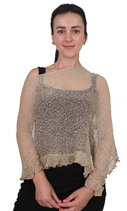 Mimosa Damen Poncho, Stretch, Spitze, Fischnetz, Bali, gehäkelt, Fledermausärmel, Rüschen, klein, beige, One size von Mimosa