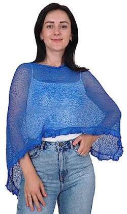 Mimosa Damen Poncho, Stretch, Spitze, Fischnetz, Bali, gehäkelt, Fledermausärmel, Rüschen, klein, königsblau, One size von Mimosa