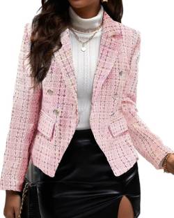 Mina self Plaid Tweed Blazer Jacke für Frauen Zweireihig Slim Casual Langarm Büro Herbst Winter Mantel mit Taschen, Plaid-pink, XL von Mina Self