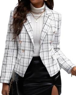 Mina self Plaid Tweed Blazer Jacke für Frauen Zweireihig Slim Casual Langarm Büro Herbst Winter Mantel mit Taschen, kariert weiß, XXL von Mina Self