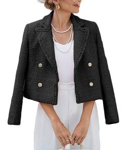 Mina Self Tweed Blazer Jacke für Frauen Cropped Casual Revers Open Front 2023 Herbst Winter Warm Blazer, Schwarz, M von Mina self