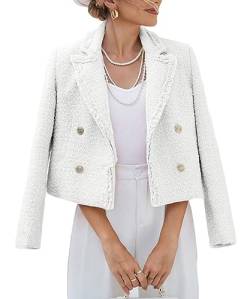 Mina Self Tweed Blazer Jacke für Frauen Cropped Casual Revers Open Front 2023 Herbst Winter Warm Blazer, Weiss/opulenter Garten, L von Mina self