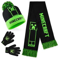 Minecraft Mütze Jungen, Schal und Handschuhe Kinder Sets, Creeper Strickmütze Winter Mütze Schal Handschuhe Set Kinder - Geschenke für Jungs (Grün/Schwarz, 4-7 Jahre) von Minecraft