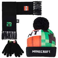 Minecraft Mütze Jungen, Schal und Handschuhe Kinder Sets, Creeper Strickmütze Winter Mütze Schal Handschuhe Set Kinder - Geschenke für Jungs (Set 3 Stück) von Minecraft