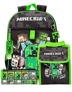 Minecraft Rucksack und Lunchbox für Kinder, Schulrucksack, 5-teilig, Einheitsgröße, Schwarz, Einheitsgröße, Schwarz, one Size von Minecraft