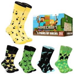 Minecraft Socken Herren, 5er-Pack Creeper Herren Socken Baumwolle, Lustige Socken Herren Größe 40.5-43.5 - Gamer Geschenk für Freund von Minecraft