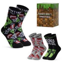 Minecraft Socken Kinder, Creeper Kinder Socken Set, 3 Paar Coole Socken für Jungen (Schwarz/Grau, 37-40) von Minecraft