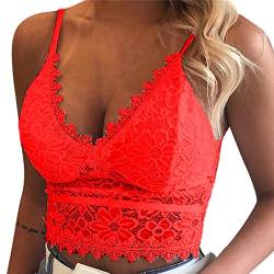 Minetom BH Push Up Bustier Damen Spitze Weich Rückenfrei Blumen Bra Dessous Sexy Große Größen Crop Tank Tops V-Ausschnitt Shirt B Rot 36 von Minetom