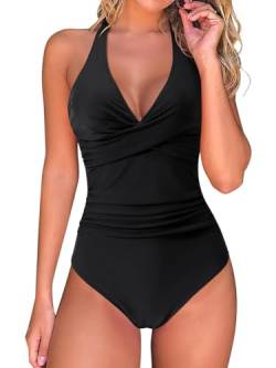 Minetom Badeanzug Damen Bauchweg Badeanzug Neckholder Push Up Schwimmanzug Schlankheits Einteilige Rückenfrei Bademode Swimsuits A1 Schwarz XXL von Minetom