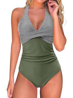 Minetom Badeanzug Damen Bauchweg Badeanzug Neckholder Push Up Schwimmanzug Schlankheits Einteilige Rückenfrei Bademode Swimsuits A3 Grün M von Minetom