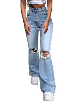 Minetom Baggy Jeans Damen High Waist Straight Jeans Freizeit Loose Gerade Hosen Bootcut Jeanshosen Jeans Vintage Hose mit Weitem Bein F Blau XL von Minetom