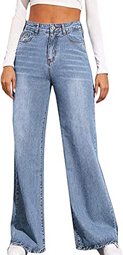 Minetom Baggy Jeans Damen High Waist Straight Jeans Freizeit Loose Gerade Hosen Bootcut Jeanshosen Jeans Vintage Hose mit Weitem Bein G Blau M von Minetom