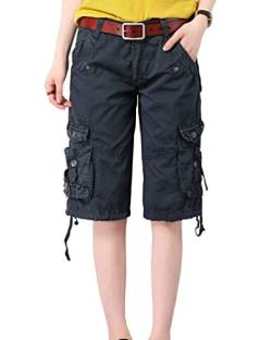 Minetom Bermuda Cargo Shorts Damen Knielang Sommer Kurze Hose Frauen Lose Stretch Boyfriend Knopfleiste Tasche Stoffhose Leinenhose Freizeithose Große Größen (Medium, Dunkelblau) von Minetom