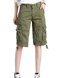 Minetom Bermuda Cargo Shorts Damen Knielang Sommer Kurze Hose Frauen Lose Stretch Boyfriend Knopfleiste Tasche Stoffhose Leinenhose Freizeithose Große Größen Armeegrün X-Small von Minetom