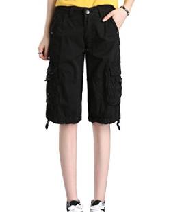 Minetom Bermuda Cargo Shorts Damen Knielang Sommer Kurze Hose Frauen Lose Stretch Boyfriend Knopfleiste Tasche Stoffhose Leinenhose Freizeithose Große Größen Schwarz Small von Minetom