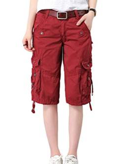 Minetom Bermuda Cargo Shorts Damen Knielang Sommer Kurze Hose Frauen Lose Stretch Boyfriend Knopfleiste Tasche Stoffhose Leinenhose Freizeithose Große Größen Weinrot Large von Minetom