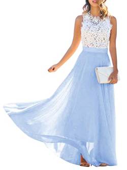 Minetom Blau Weiße Spitze Drapierte Rundhals Ärmellos Elegante Maxikleid Mode Abendkleid Ballkleid B Blau 40 von Minetom