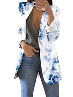 Minetom Blazer Damen Drucken Blazer Jacke Langarm V-Ausschnitt Mantel Business Anzug Ohne Verschluss Outfit Longblazer A Blau 3XL von Minetom