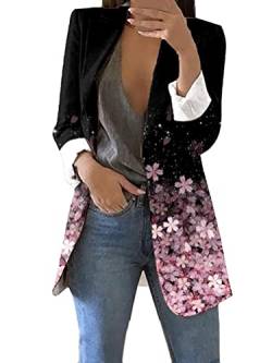 Minetom Blazer Damen Drucken Blazer Jacke Langarm V-Ausschnitt Mantel Business Anzug Ohne Verschluss Outfit Longblazer A Blume XL von Minetom