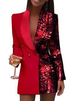 Minetom Blazer Kleid Damen V-Ausschnitt Blazer Kleid Frauen Langarm Hemdkleid Business Lange Knopf Anzug Spleißen Minikleider Rot 40 von Minetom
