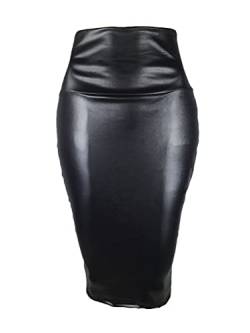 Minetom Bleistiftrock Damen Knielang Business Rock Pencil Rock Schlitz Saum High Waist Wetlook Bodycon Kunstleder Rock A Schwarz L von Minetom