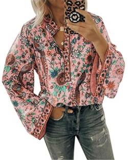 Minetom Bluse Damen Oberteile Elegant Hemdbluse Drucken Langarmshirt V-Ausschnitt Tops Frühling Herbst Winter Shirt Freizeit Business Hemd Pink 50 von Minetom