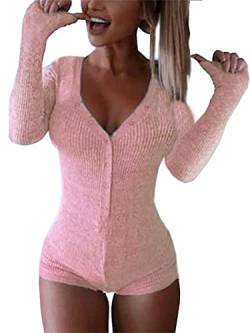 Minetom Bodysuit Damen Langarm Jumpsuit mit Blumendruck Y2k Langärmeliger Einteiler Bodysuit V-Ausschnitt Bodycon Shorts Dehnbarer Pyjama Onesie Strampler 90er E-Girl Y2K Style B Rosa XL von Minetom