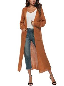 Minetom Cardigan Damen Lang Jacke Herbst Frühling Langarm Einfarbig Lose Casual Oversize Offene Strickmantel Lang Strickjacke mit Taschen A Gelb M von Minetom