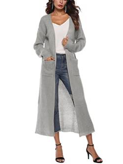 Minetom Cardigan Damen Lang Jacke Herbst Frühling Langarm Einfarbig Lose Casual Oversize Offene Strickmantel Lang Strickjacke mit Taschen A Grau XS von Minetom