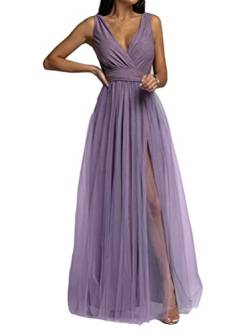 Minetom Cocktailkleider Damen Elegant Festliches Kleid Lang Abend Party Ballkleid Brautjungfer V-Ausschnitt Split Maxikleid A Violett M von Minetom