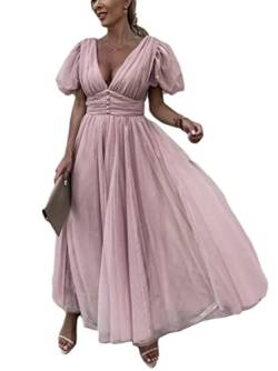 Minetom Cocktailkleider Damen Elegant Hochzeitskleid Festliches Kleid Lang Abend Party Ballkleid Brautjungfer V-Ausschnitt Kurzarm Kleid C Rosa M von Minetom