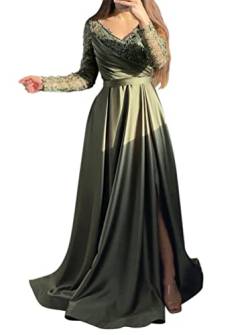 Minetom Cocktailkleider Damen Elegant Spitzenkleid Hochzeitskleid Festliches Kleid Lang Abend Party Ballkleid Brautjungfer Langarm V-Ausschnitt Kleid A Grün XL von Minetom